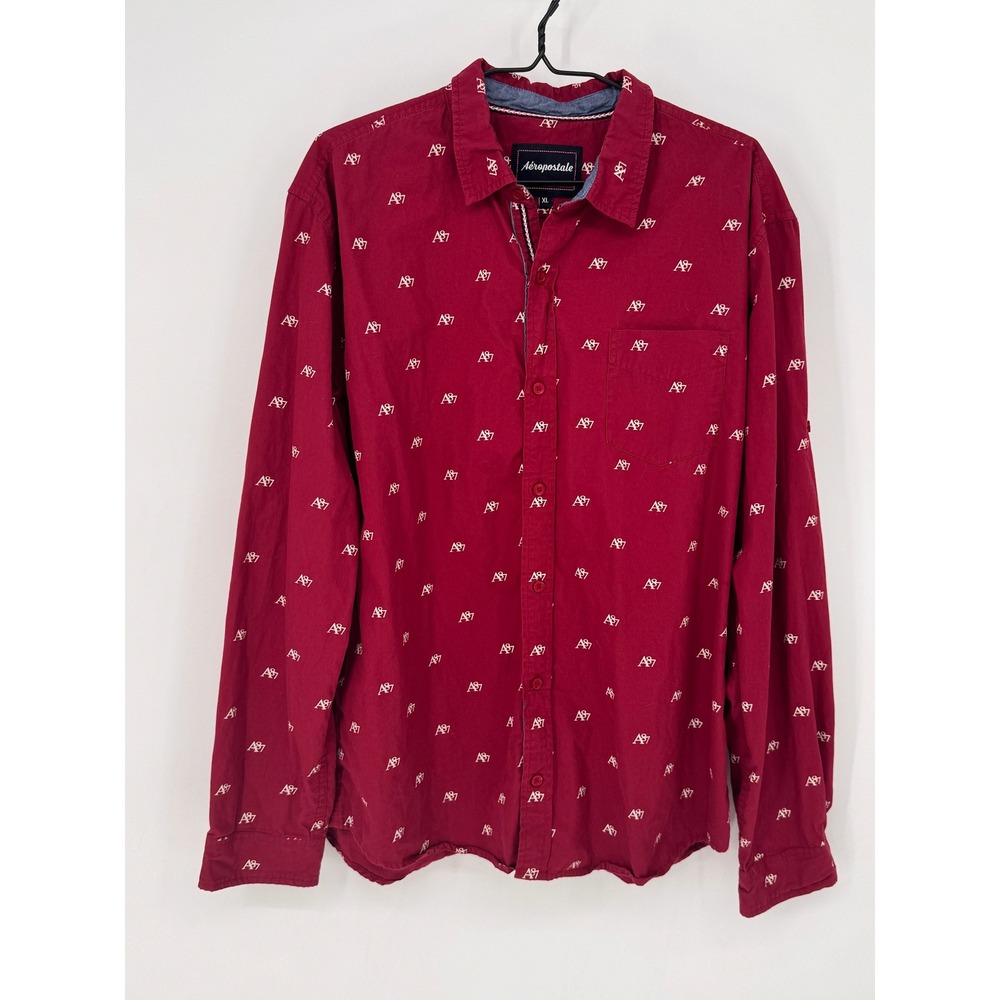 Aeropostale Button Down Shirt Men XL Burgundy A87 Logo Print Long Sleeve Pocket